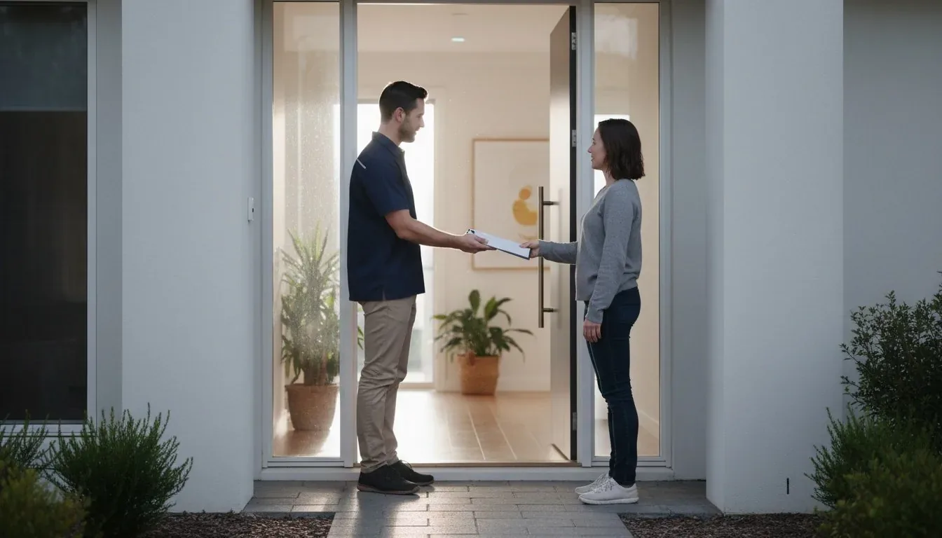 A TACT Bio Recovery technician handing a quote to a homeowner at the door