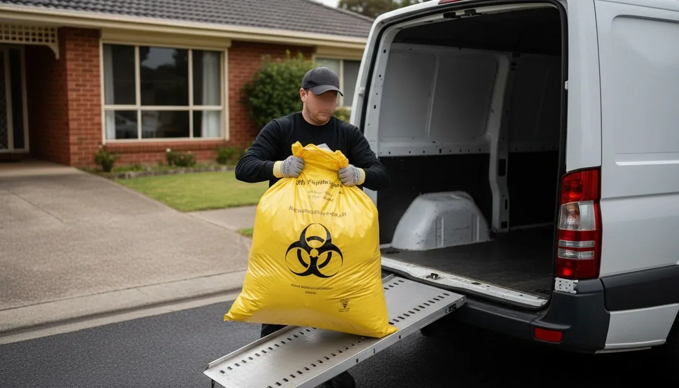 A TACT Bio Recovery technician removing sealed clinical waste from a Melbourne home