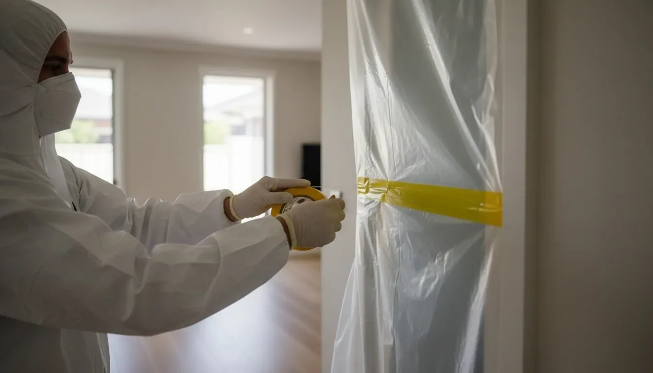 A TACT Bio Recovery technician sealing a room with plastic containment before decontamination