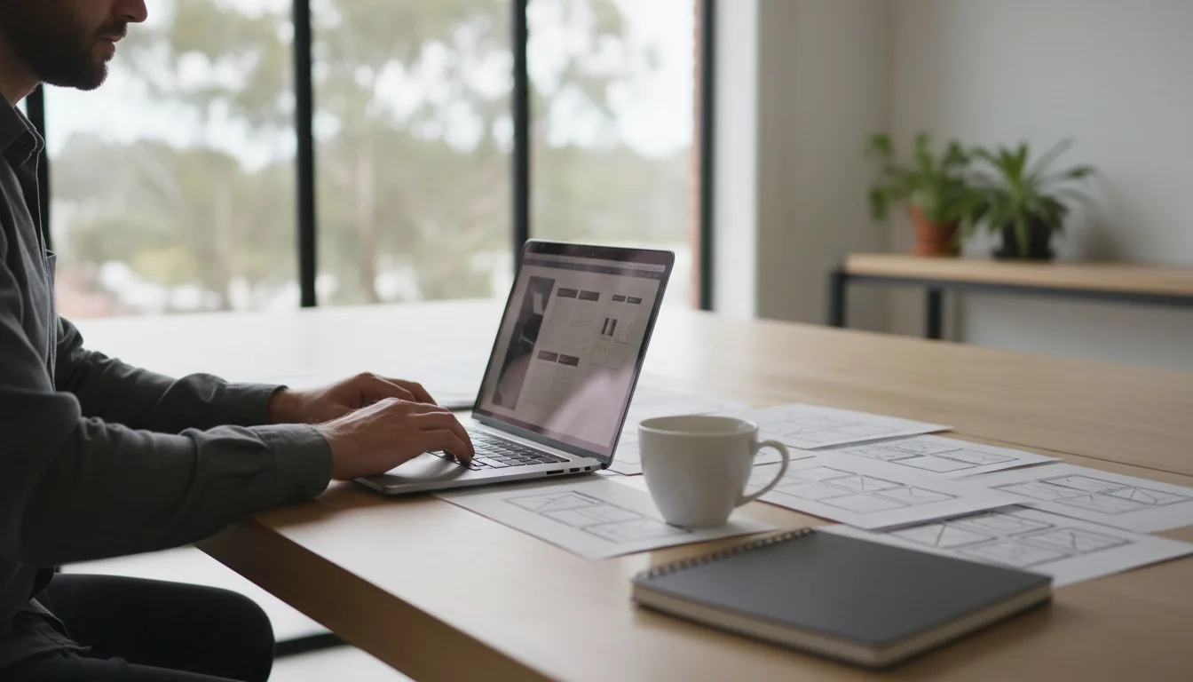 Working through a website plan at a laptop, ahead of a strategy call