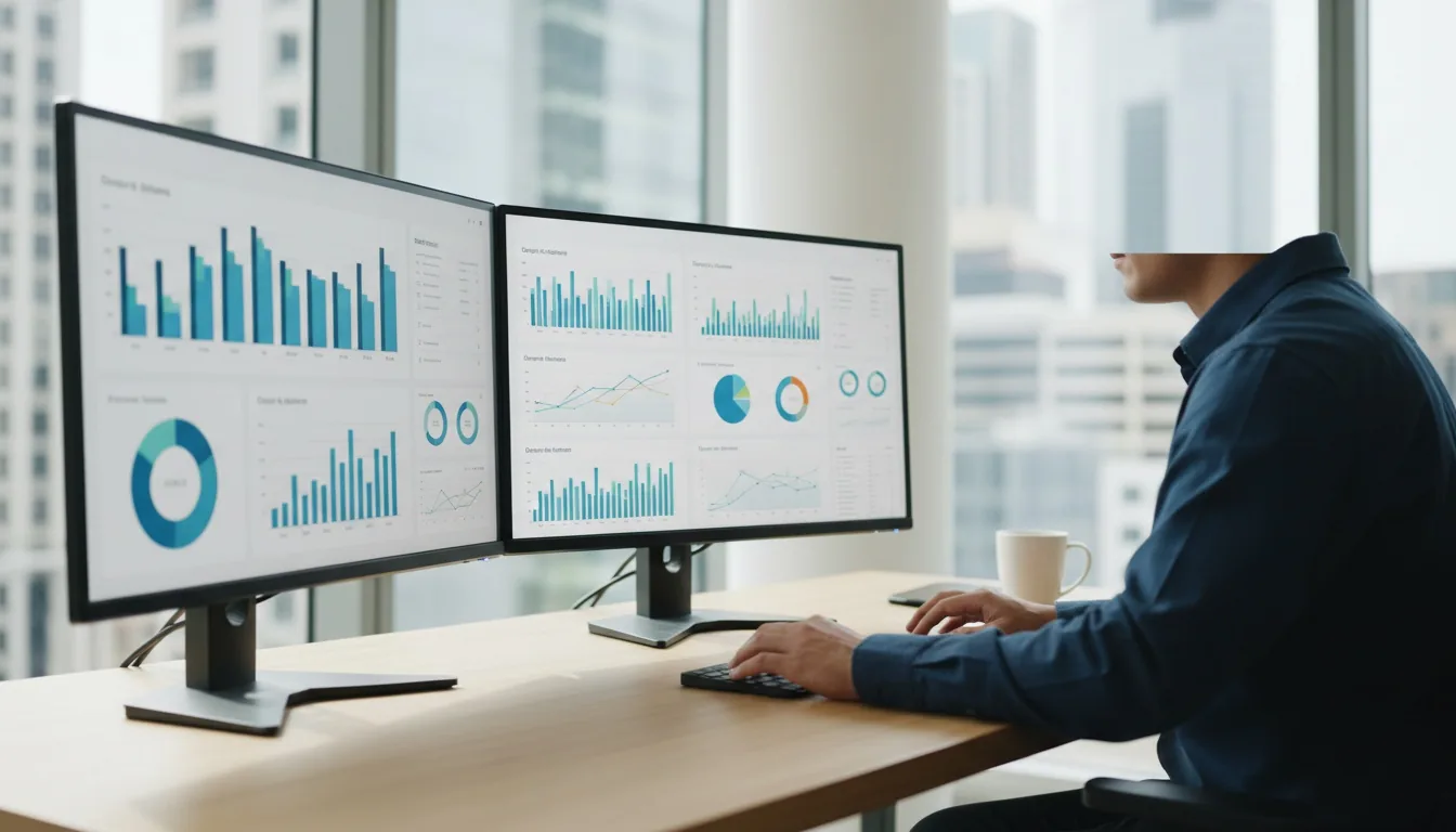 Marketer reviewing analytics dashboards on dual monitors with natural daylight