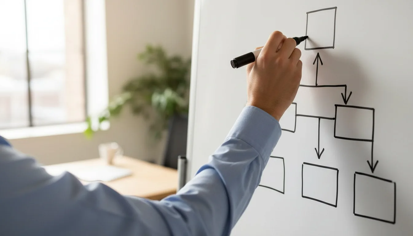 Whiteboard with a marketing funnel diagram sketched in marker
