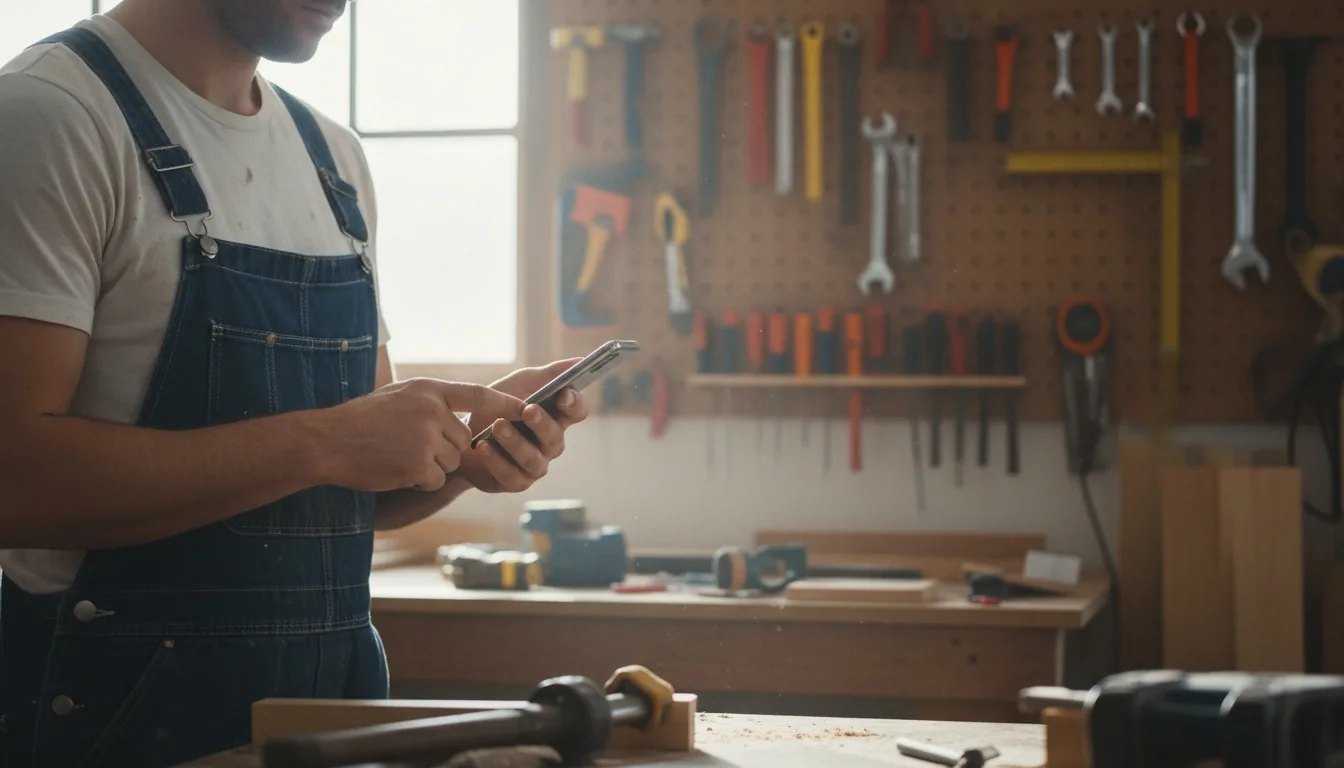 Small business owner in a workshop reviewing their website on a phone