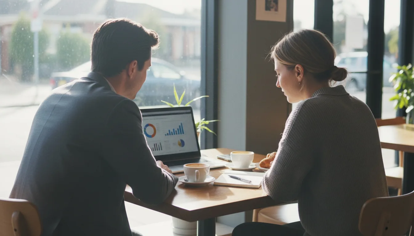 Two people meeting at a Melbourne suburb cafe across an open laptop