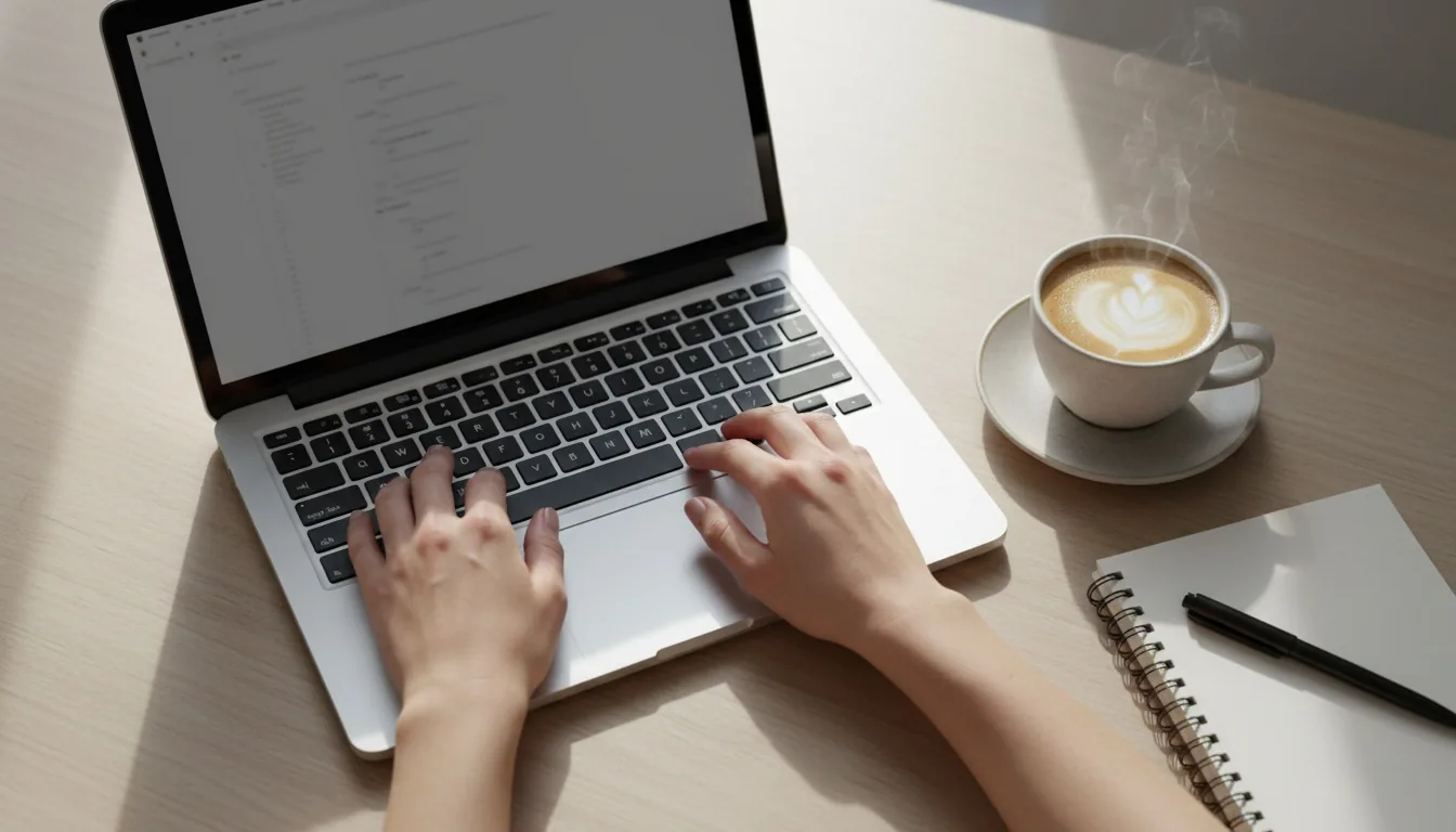 Hands typing on a MacBook with a coffee cup beside in natural daylight