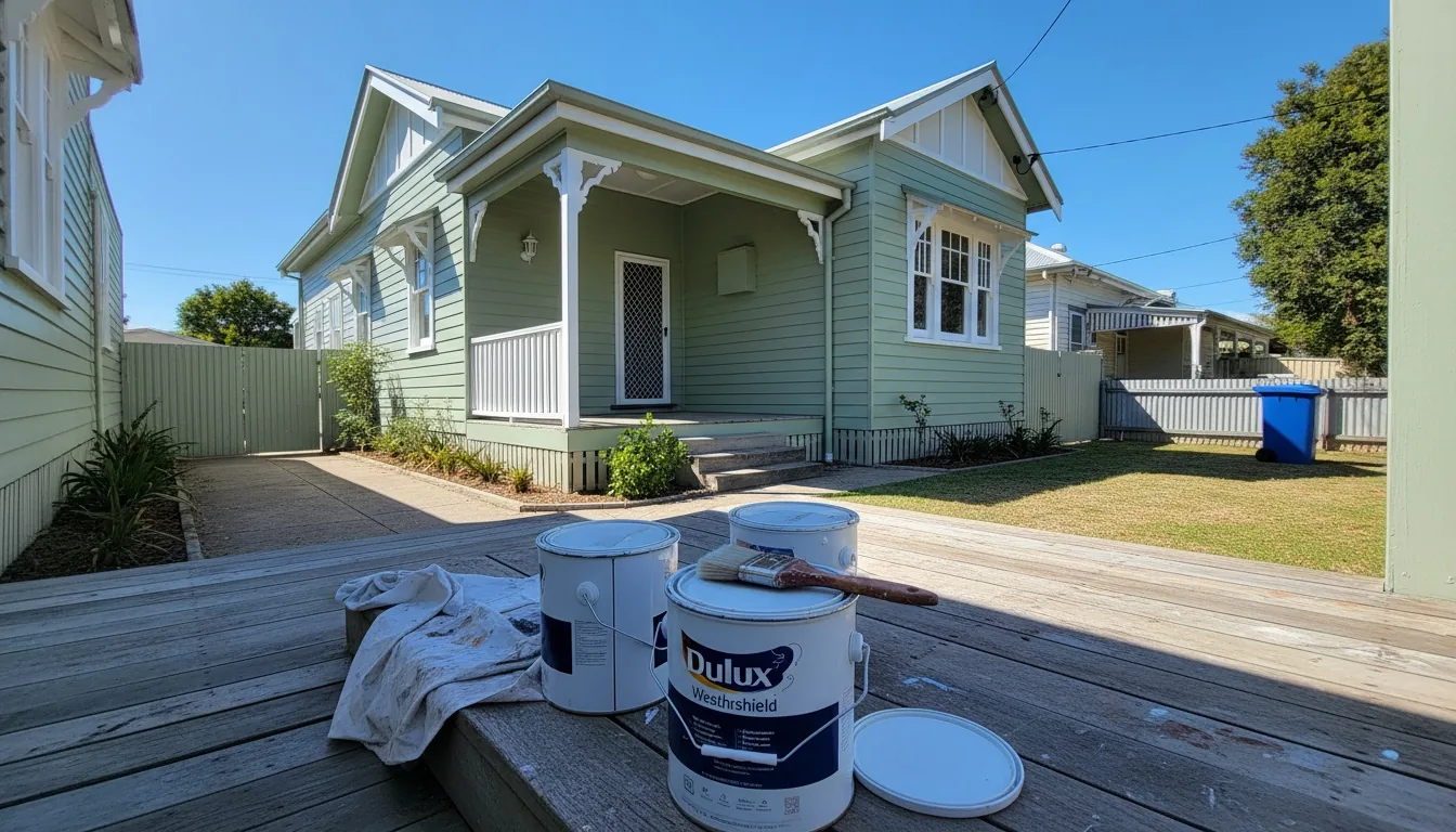 Painter on scaffolding applying fresh paint to the exterior of an Australian home