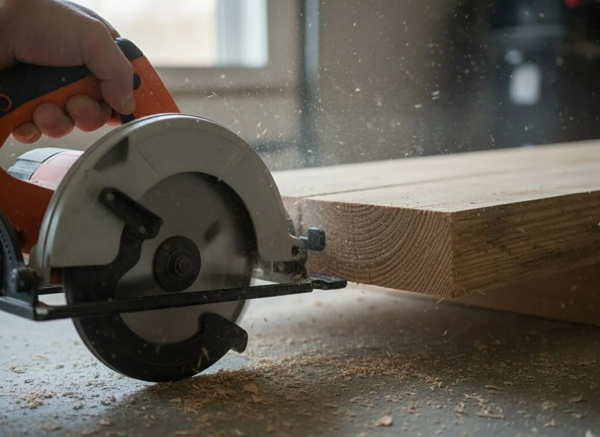 Tradie cutting timber on a job site