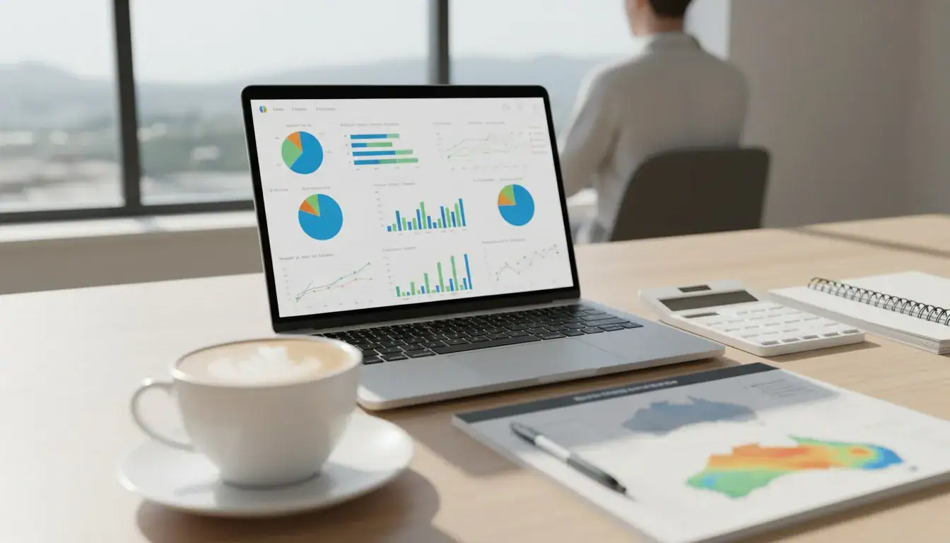 Business analyst reviewing data charts on a laptop in an office setting.