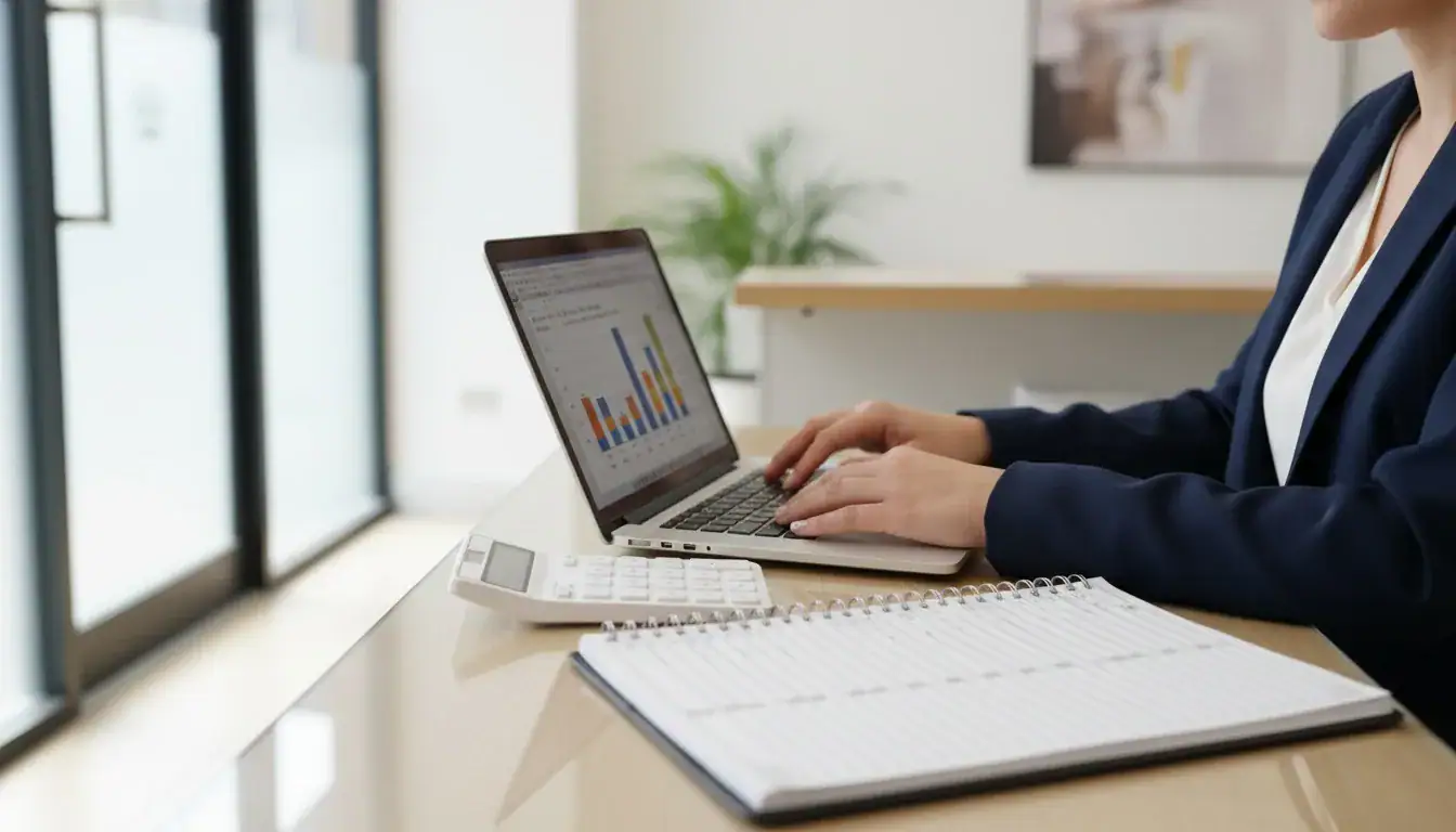 Businesswoman working on financial data and charts on her laptop in a modern office.