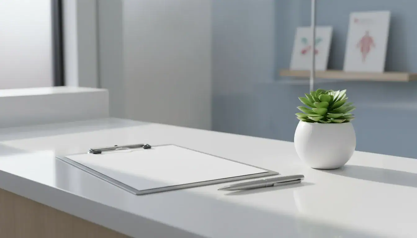 Office desk with a white clipboard, pens, and a small green succulent plant in a white pot.