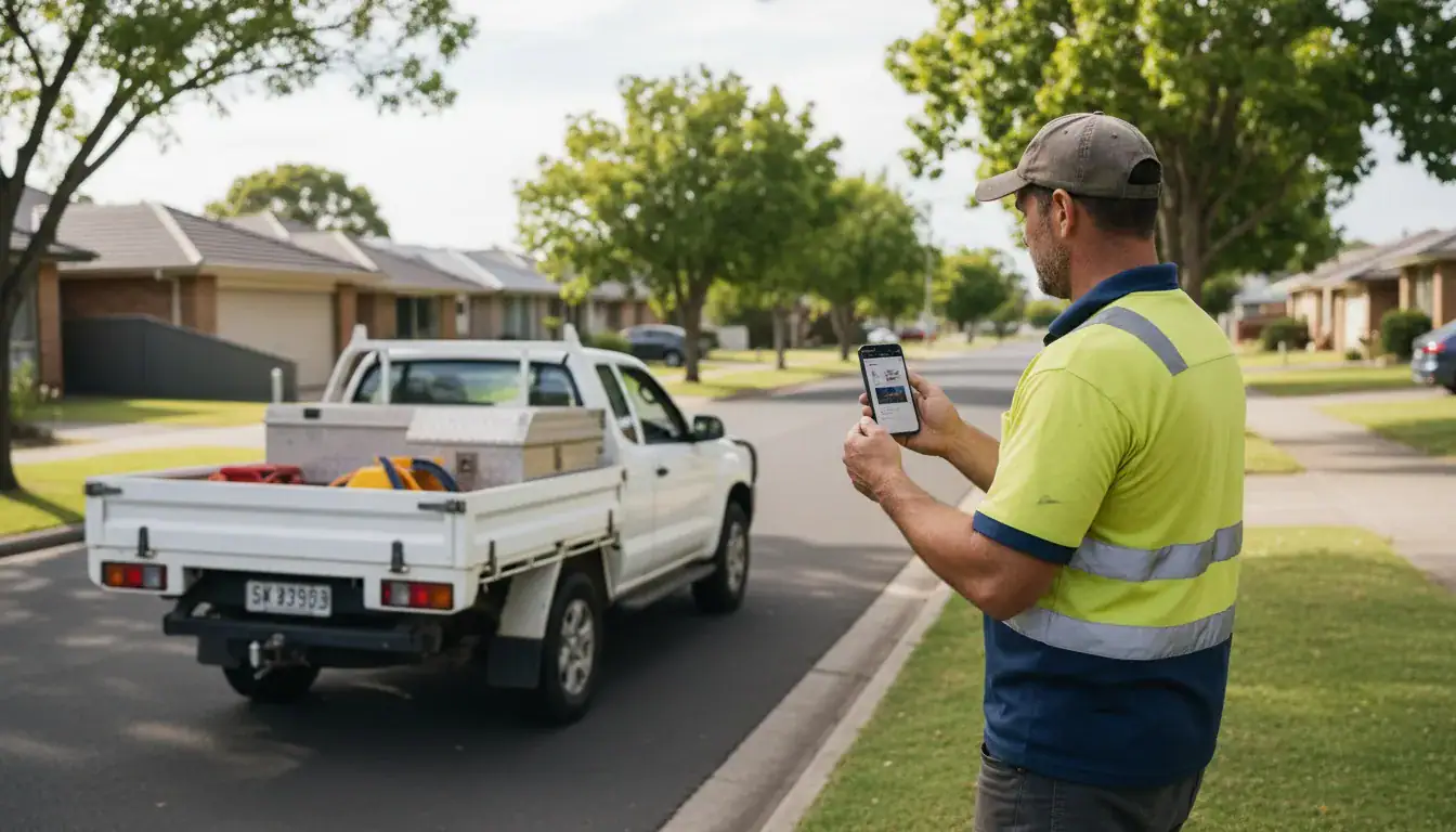 Home service worker checking information on a smartphone outdoors.