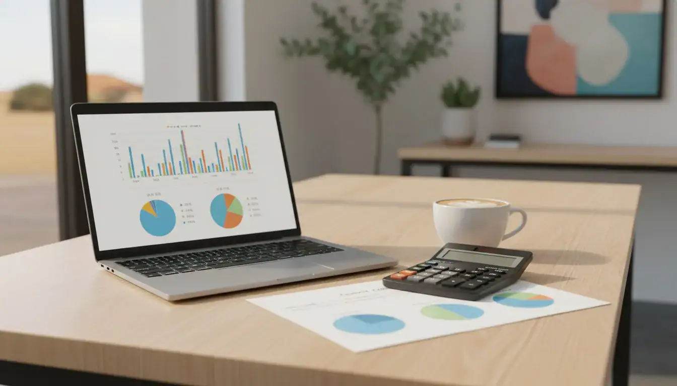 Business analytics workspace with laptop, charts, and office supplies.