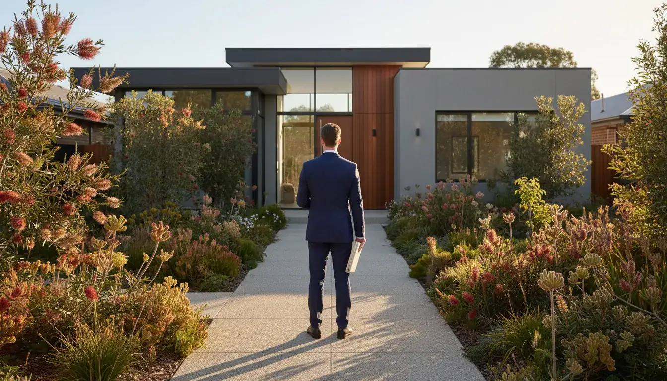 Modern house with landscaped garden, man in suit walking towards the entrance.