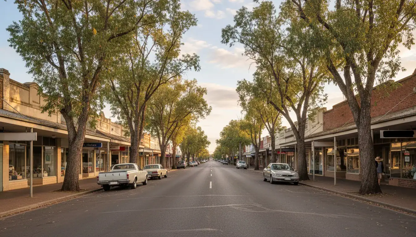 Scenic view of a small-town main street lined with trees and vintage storefronts.