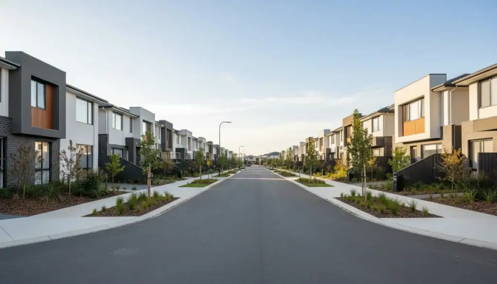 Modern suburban residential street with contemporary townhouses and landscaped sidewalks.