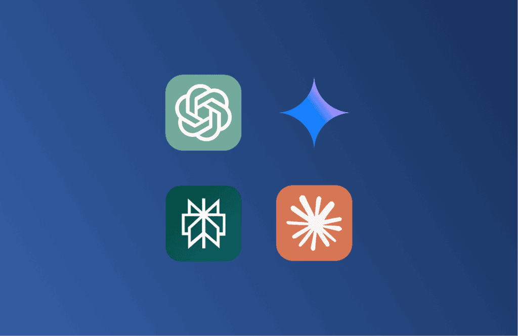 Illustration of AI and business-related icons on a blue background.