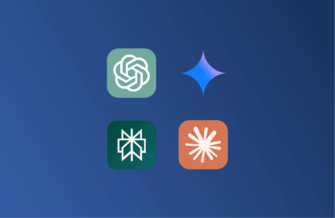 Illustration of AI and business-related icons on a blue background.